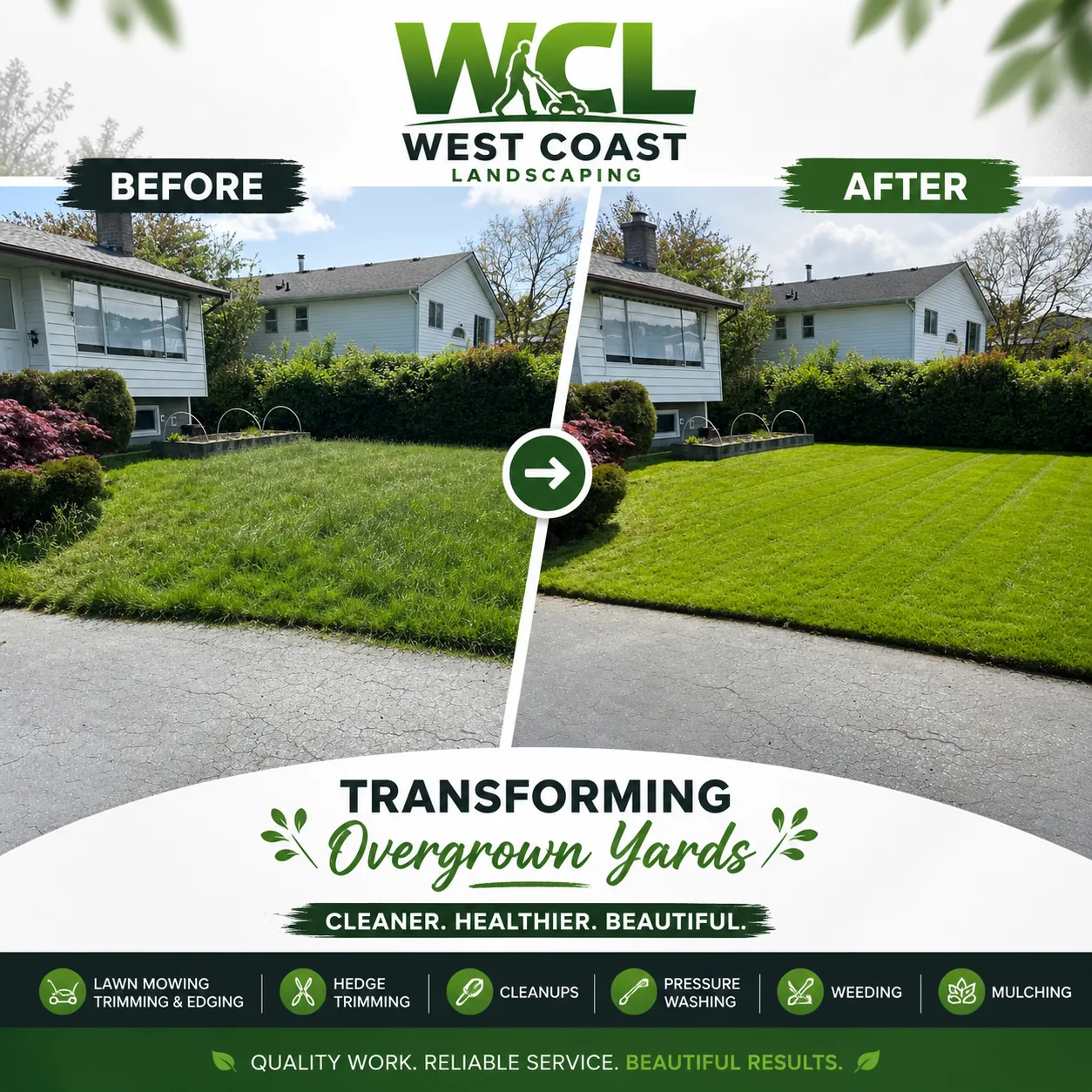Before and after of an overgrown Nanaimo front yard transformed into a clean, listing-ready lawn by West Coast Landscaping
