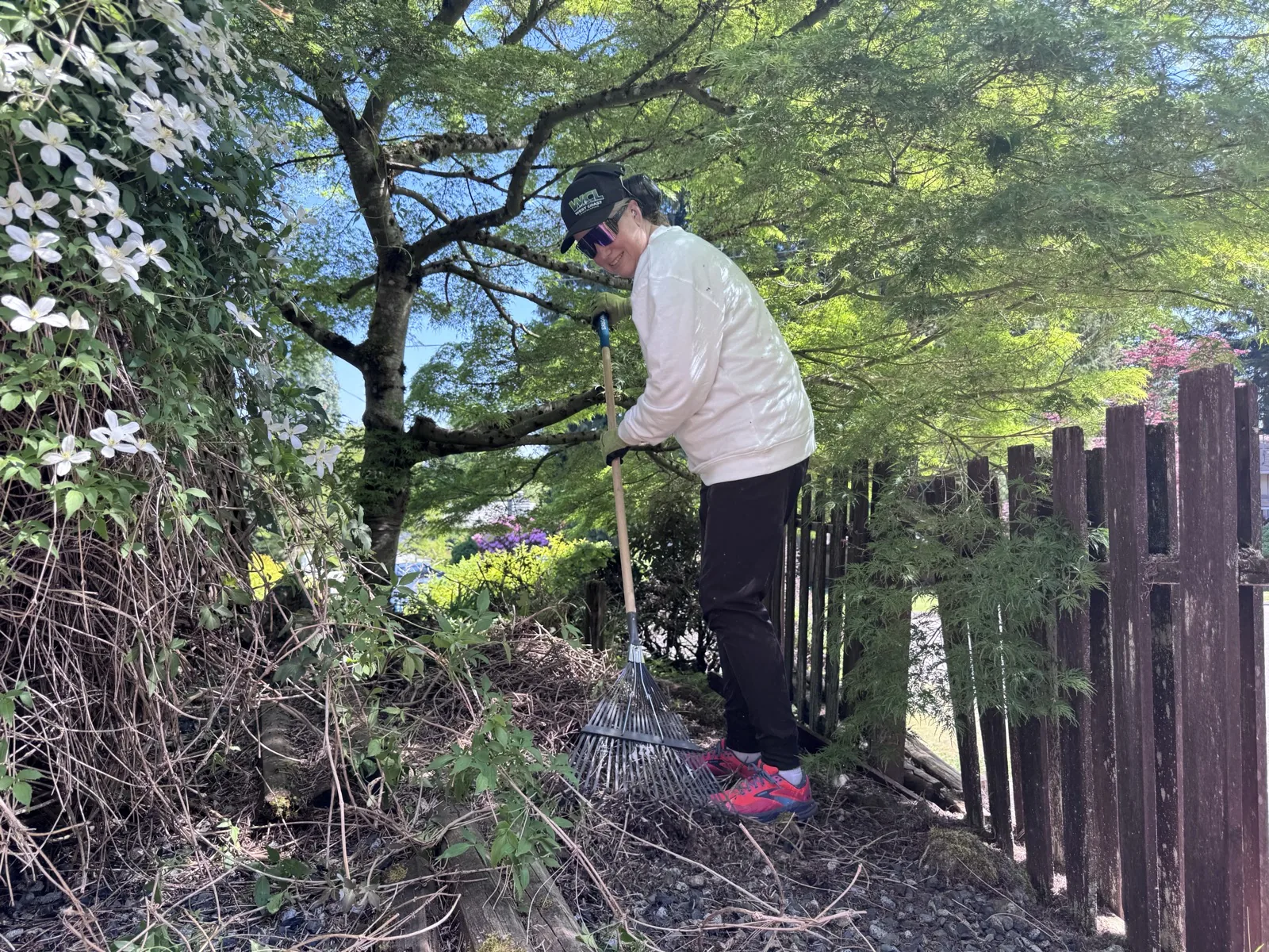 West Coast Landscaping crew member raking debris from a garden bed during a Nanaimo cleanup