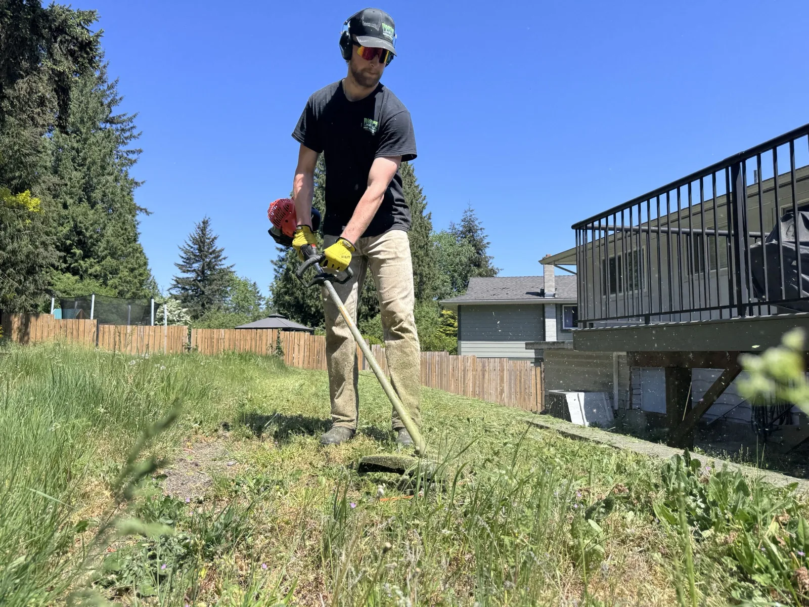 Matthew Hutchison using a commercial gas string trimmer on a large Nanaimo lawn